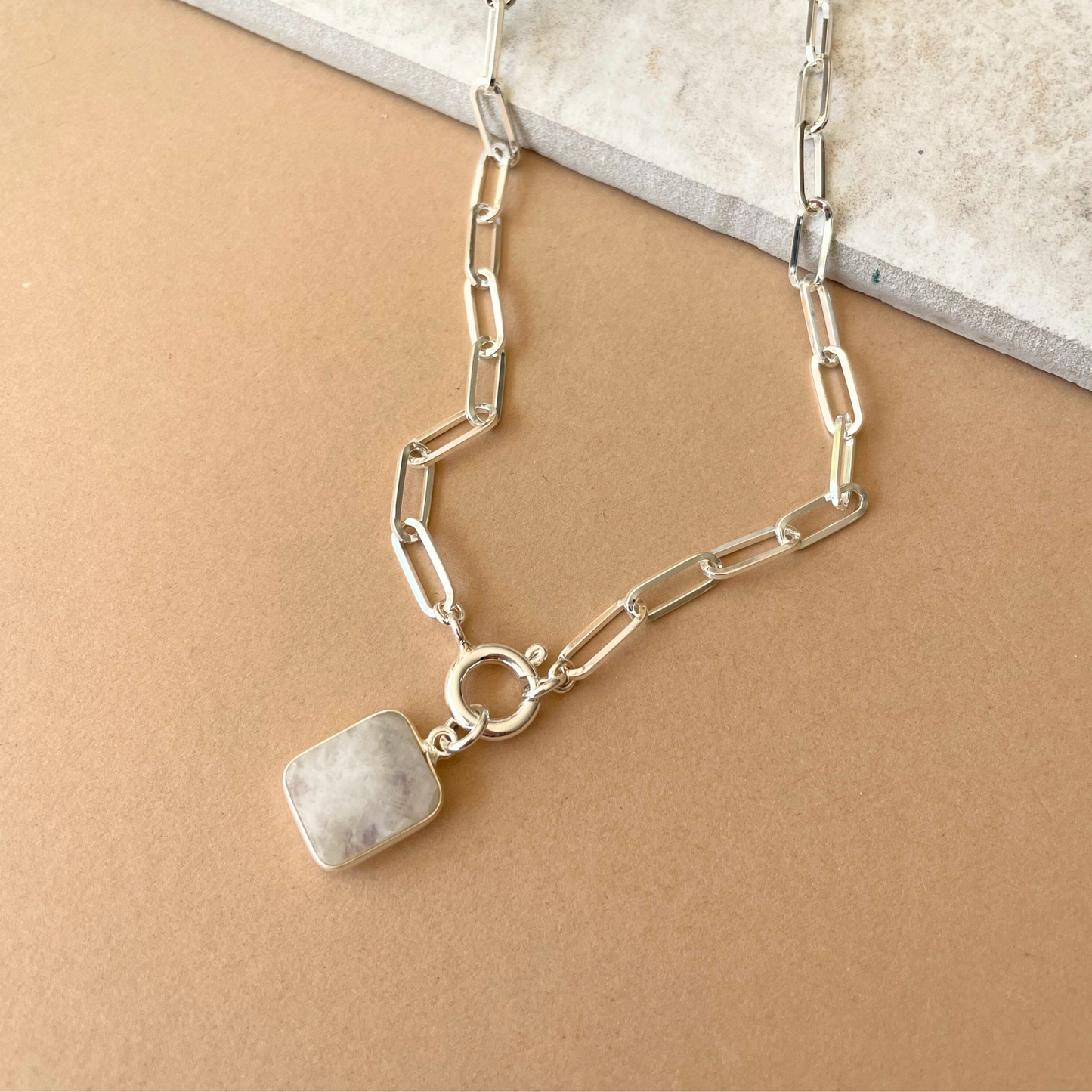Moonstone Gem Slice Chunky Chain Necklace | Intuition (Silver)