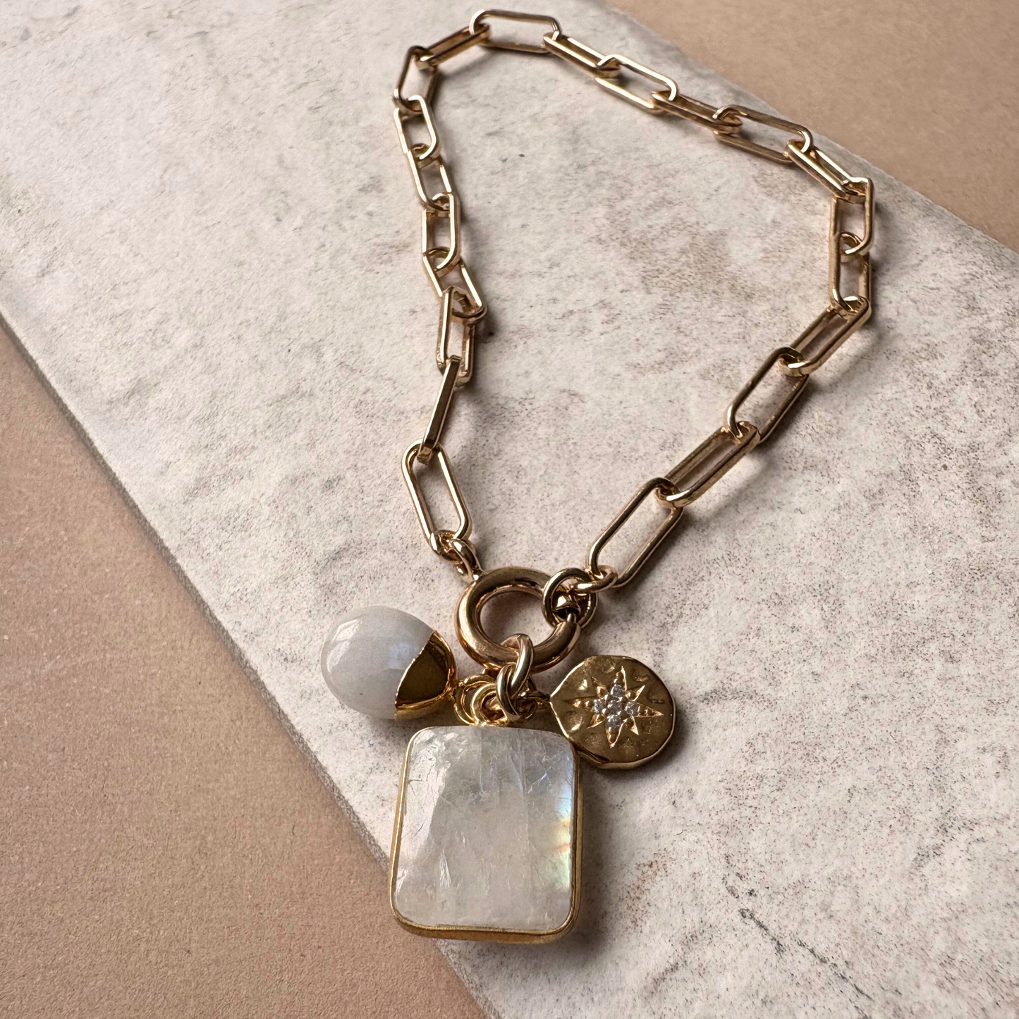 Moonstone Gem Slice Triple Chunky Chain Bracelet | Intuition (Gold Plated)