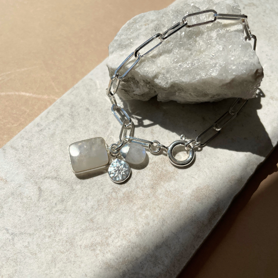 Moonstone Gem Slice Triple Chunky Chain Bracelet | Intuition (Silver)