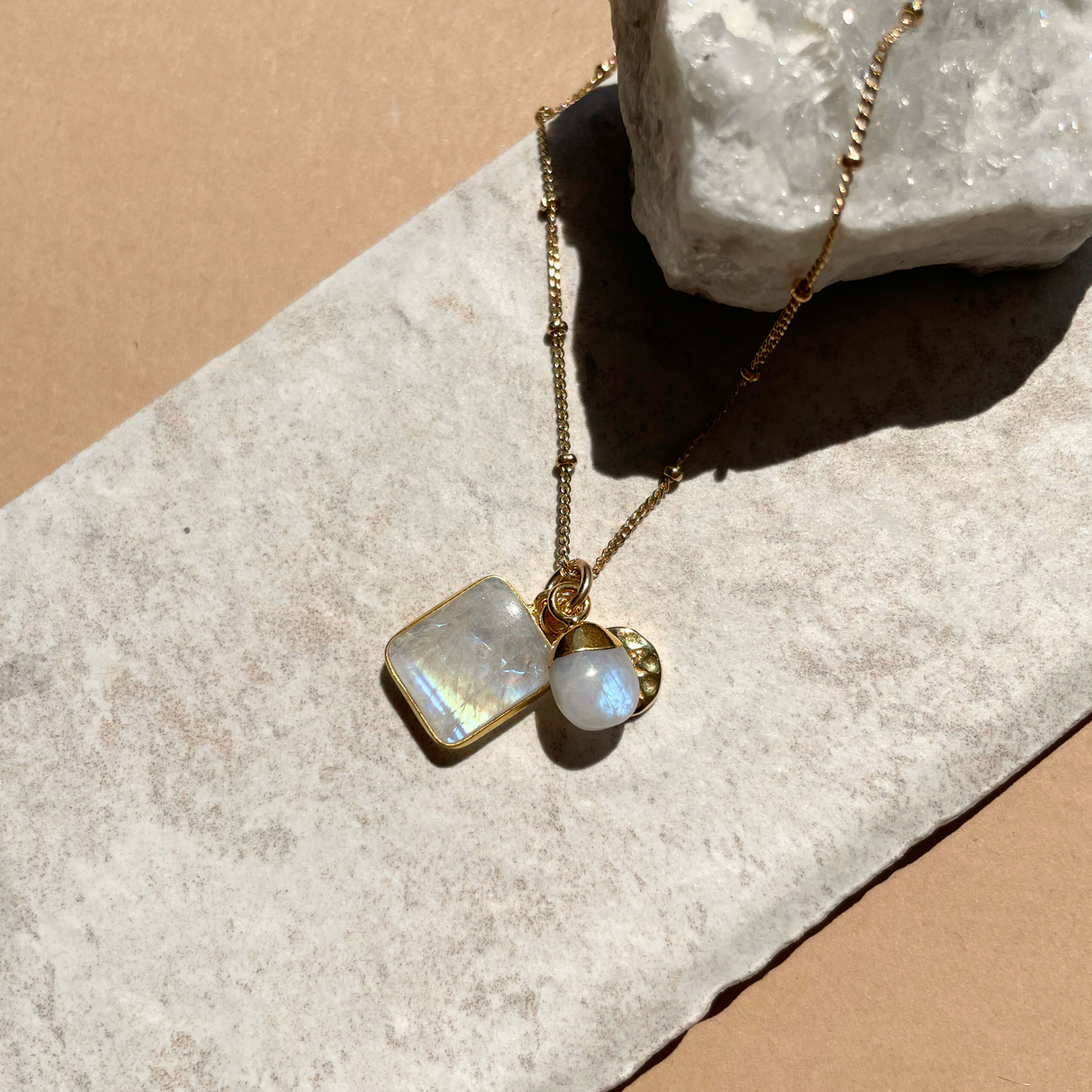 Moonstone Gem Slice Triple Necklace | Intuition (Gold plated)