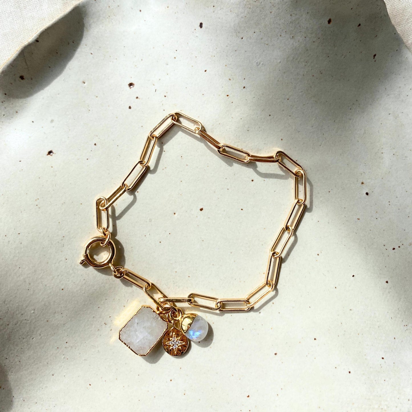 Moonstone Gem Slice Triple Chunky Chain Bracelet | Intuition (Gold Plated)