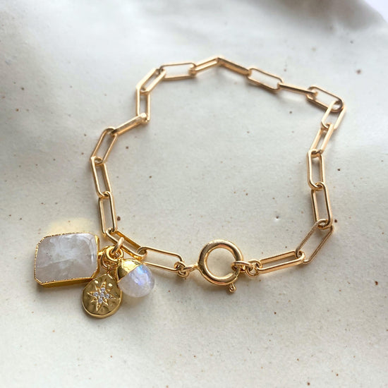 Moonstone Gem Slice Triple Chunky Chain Bracelet | Intuition (Gold Plated)