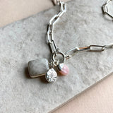 Moonstone & Pink Opal Gem Slice Triple Chunky Chain Necklace (Silver)
