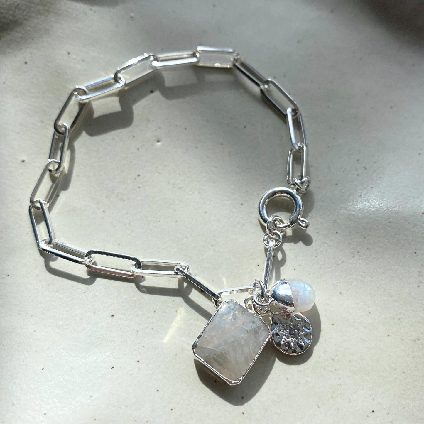 Moonstone Gem Slice Triple Chunky Chain Bracelet | Intuition (Silver)