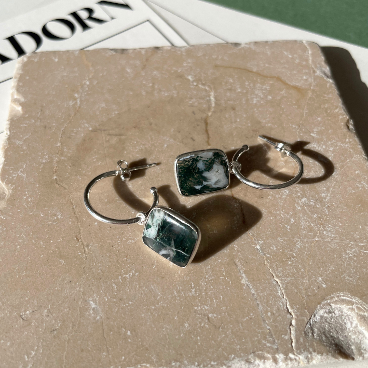 Moss Agate Gem Slice Hoop Earrings | New Beginnings (Silver)