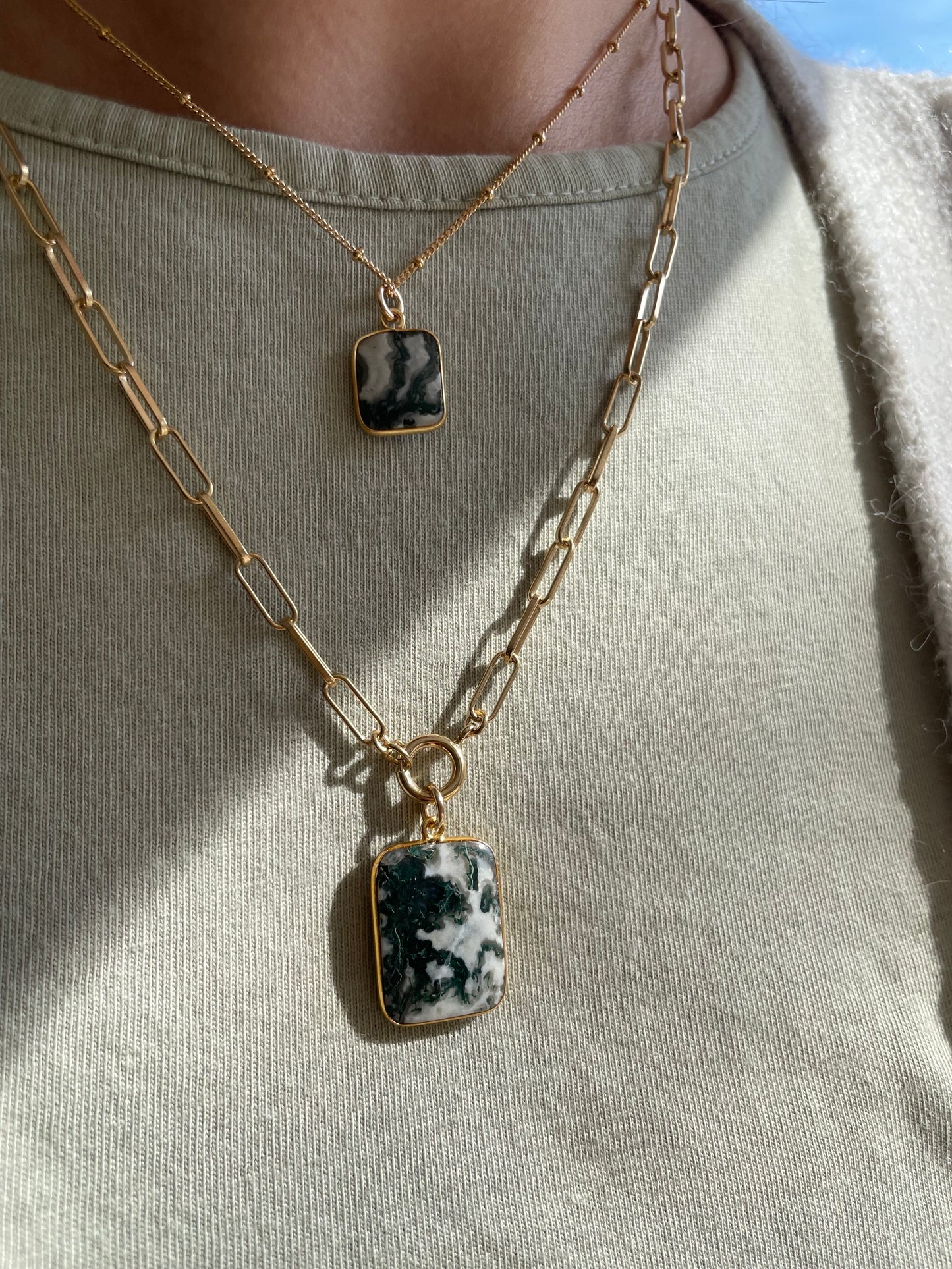 Statement Moss Agate Gem Slice Chunky Chain Necklace | New Beginnings (Gold Plated)