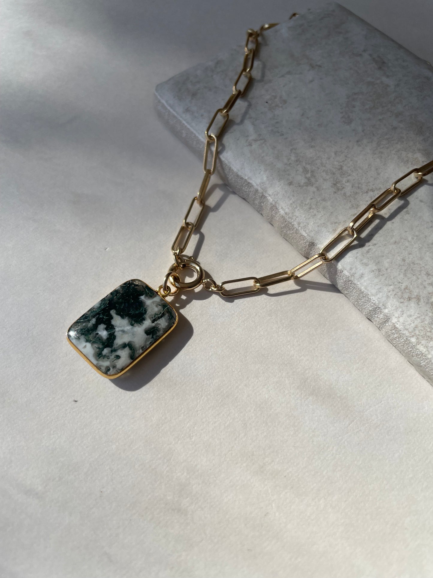 Statement Moss Agate Gem Slice Chunky Chain Necklace | New Beginnings (Gold Plated)