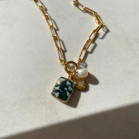 Moss Agate Gem Slice Triple Chunky Chain Necklace | New Beginnings (Gold Plated)