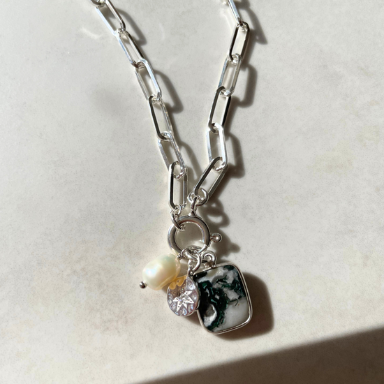 Moss Agate Gem Slice Triple Chunky Chain Necklace | New Beginnings (Silver)