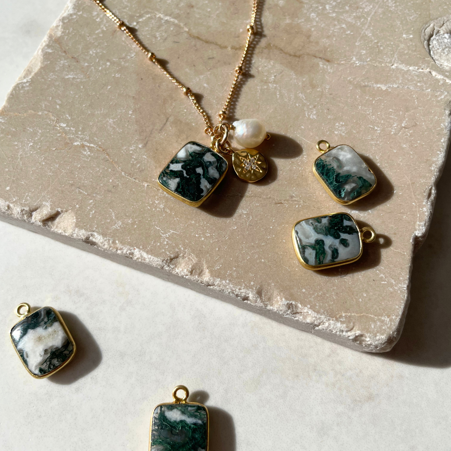 Moss Agate Gem Slice Triple Necklace | New Beginnings (Gold Plated)