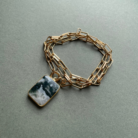 Moss Agate Large Gem Slice Chunky Chain Necklace | New Beginnings (Gold Plated)