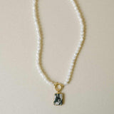 Mother of Pearl Strand Necklace with Large Moss Agate Gem Slice (Gold)