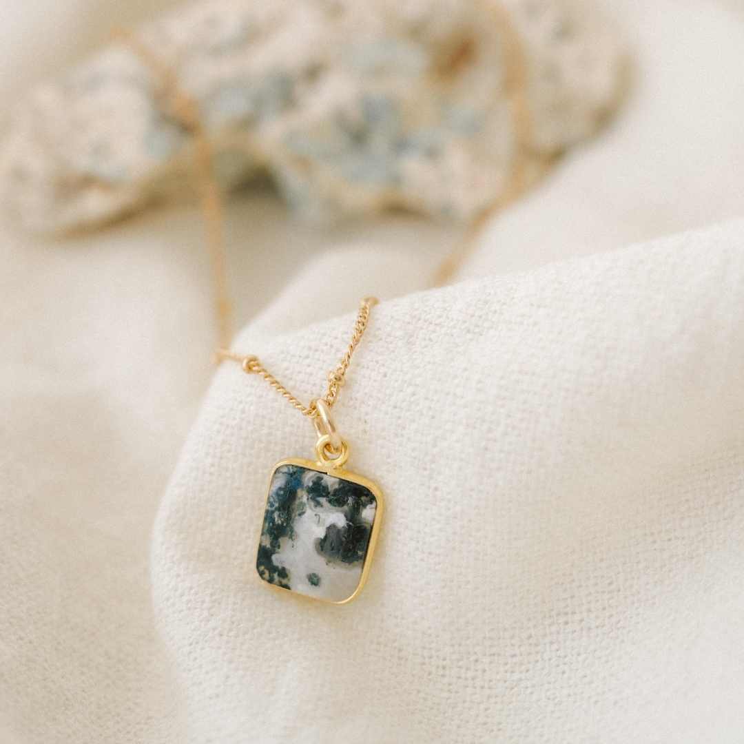 Moss Agate Gem Slice Necklace | New Beginnings (Gold Plated)
