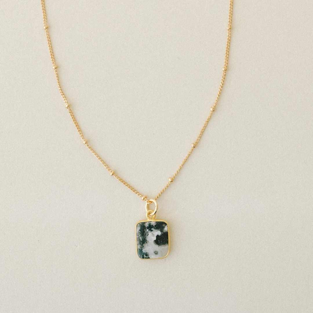 Moss Agate Gem Slice Necklace | New Beginnings (Gold Plated)