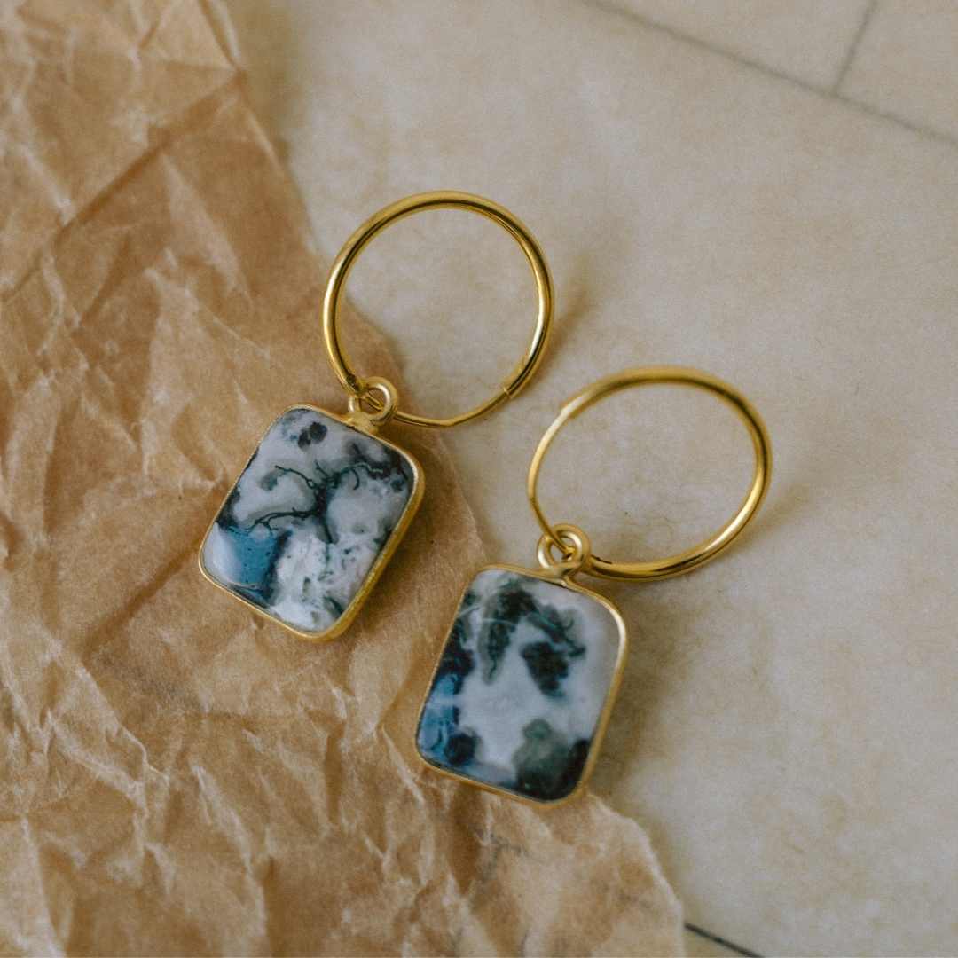Moss Agate Gem Slice Hoop Earrings | New Beginnings (Gold)