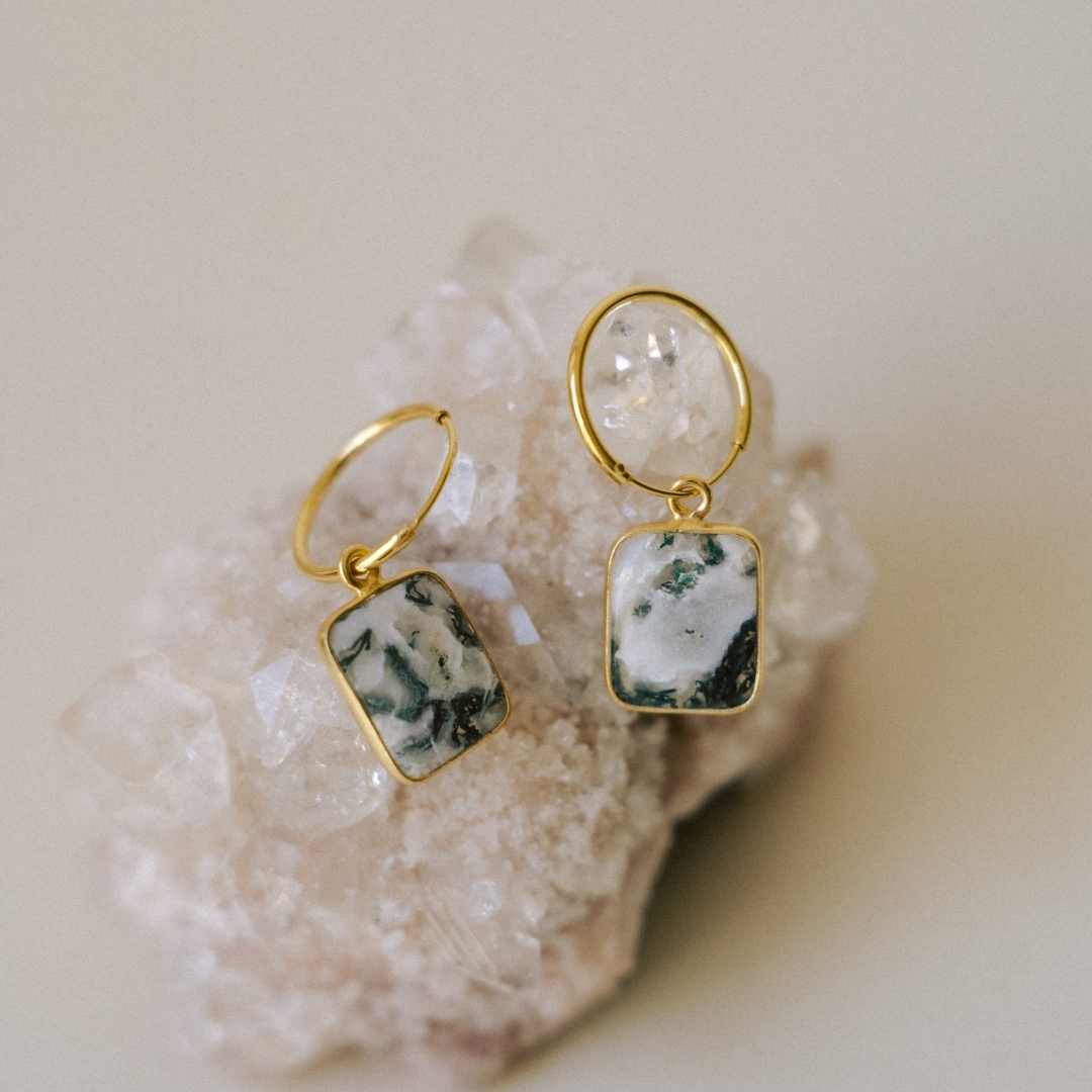 Decadorn Moss Agate Gem Slice Hoop Earrings