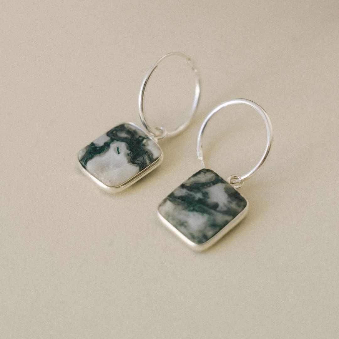 Moss Agate Gem Slice Hoop Earrings Beginnings