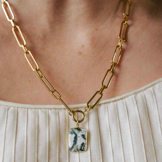 Moss Agate Large Gem Slice Chunky Chain Necklace | New Beginnings (Gold Plated)
