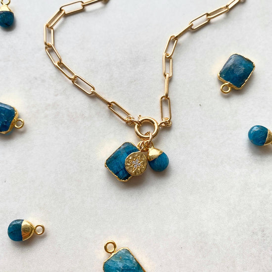 Neon Apatite Gem Slice Triple Chunky Chain Necklace | Dream (Gold Plated)