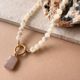 Limited Edition Mother of Pearl Strand Necklace with Peach Moonstone Gem Slice