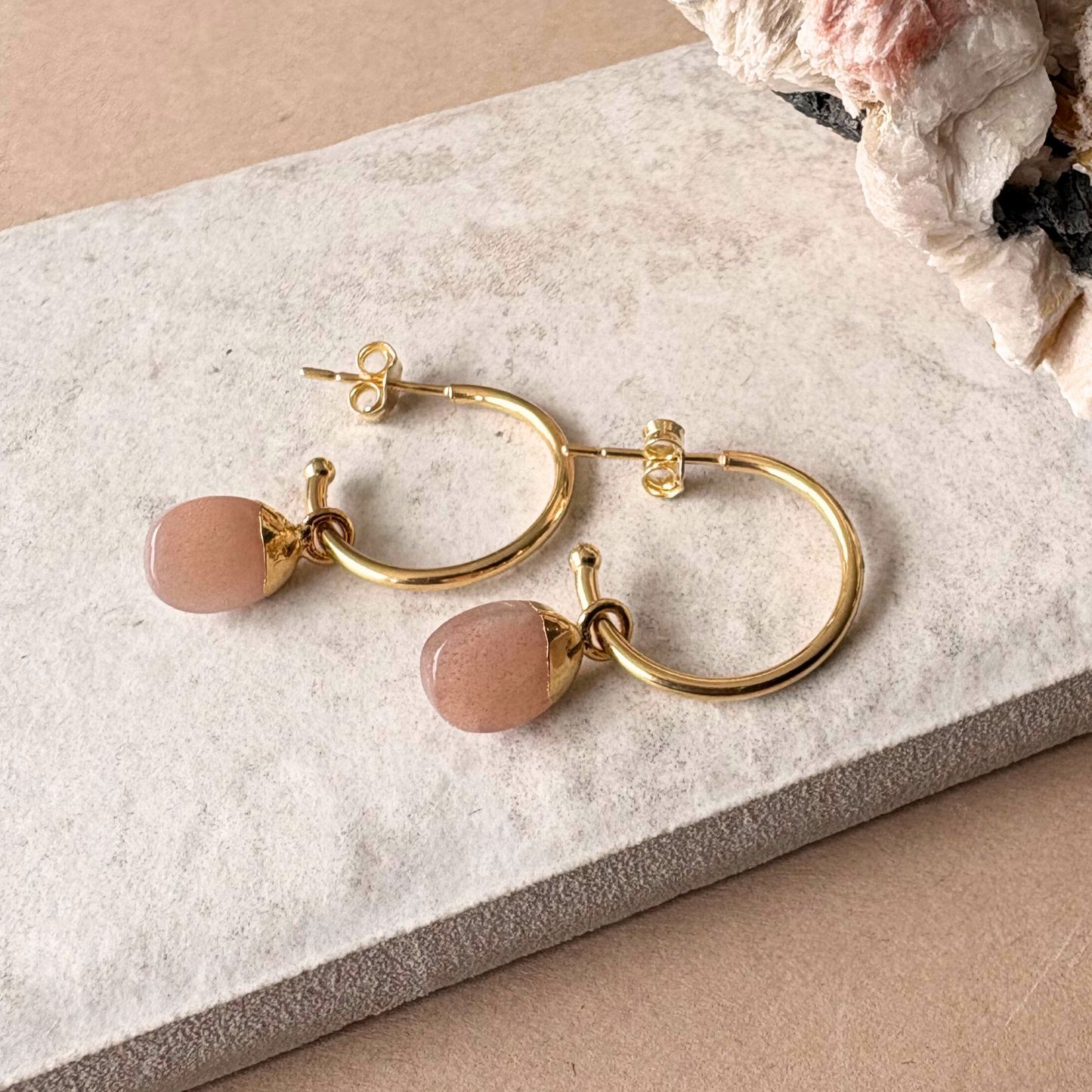 Peach Moonstone Tiny Tumbled Hoop Earrings | Inner Strength (Gold Plated)