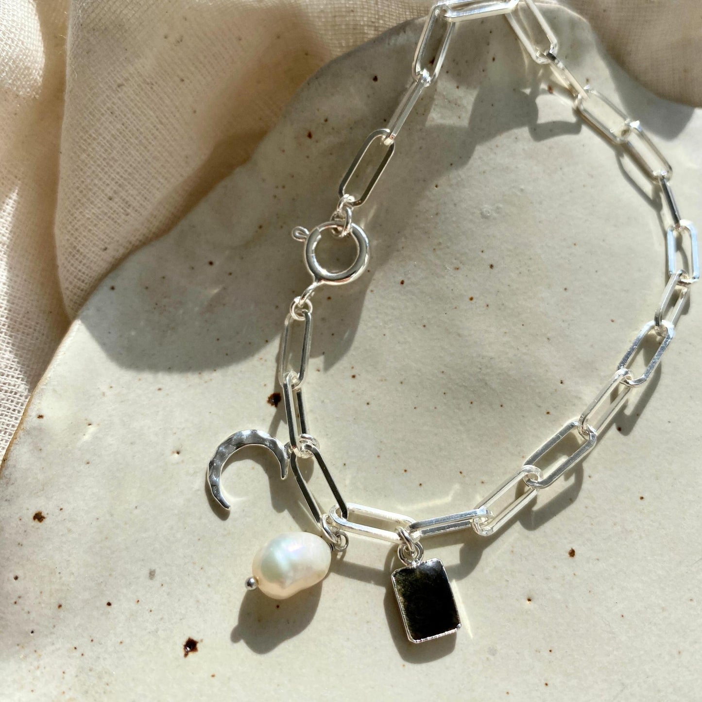 Freshwater Pearl & Hypersthene Chunky Chain Charm Bracelet (Sterling Silver)