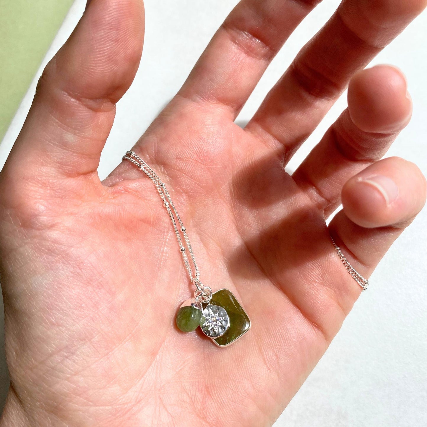 Peridot Gem Slice Triple Necklace | Wellbeing (Silver)