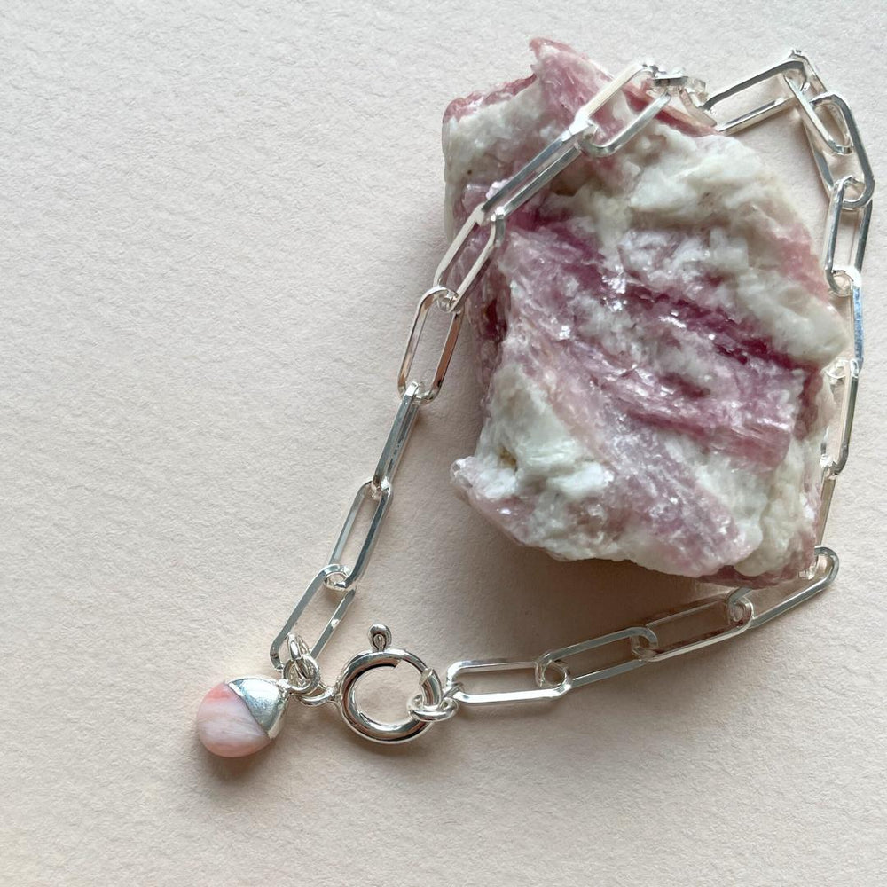 October Birthstone | Pink Opal Tiny Tumbled Chunky Chain Bracelet (Silver)