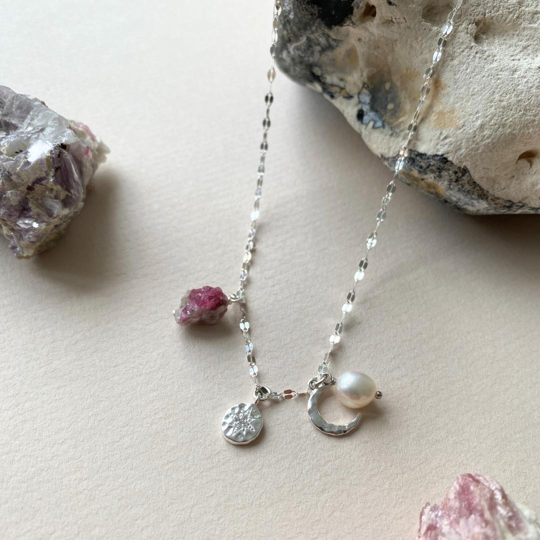 October Birthstone | Pink Tourmaline Moon Charm Necklace (Silver)