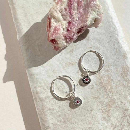 Pink Tourmaline 'Guiding Star' Birthstone Hoop Earrings (Sterling Silver)