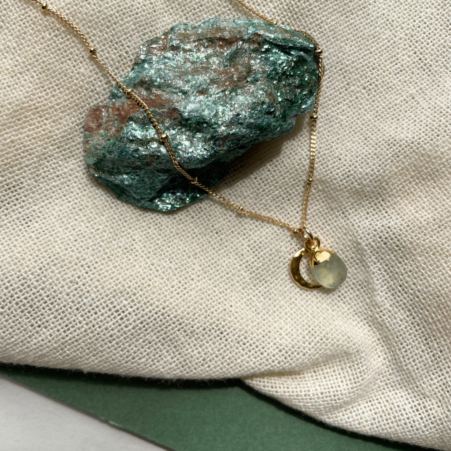 Prehnite Tumbled & Moon Necklace | Clarity (Gold Plated)