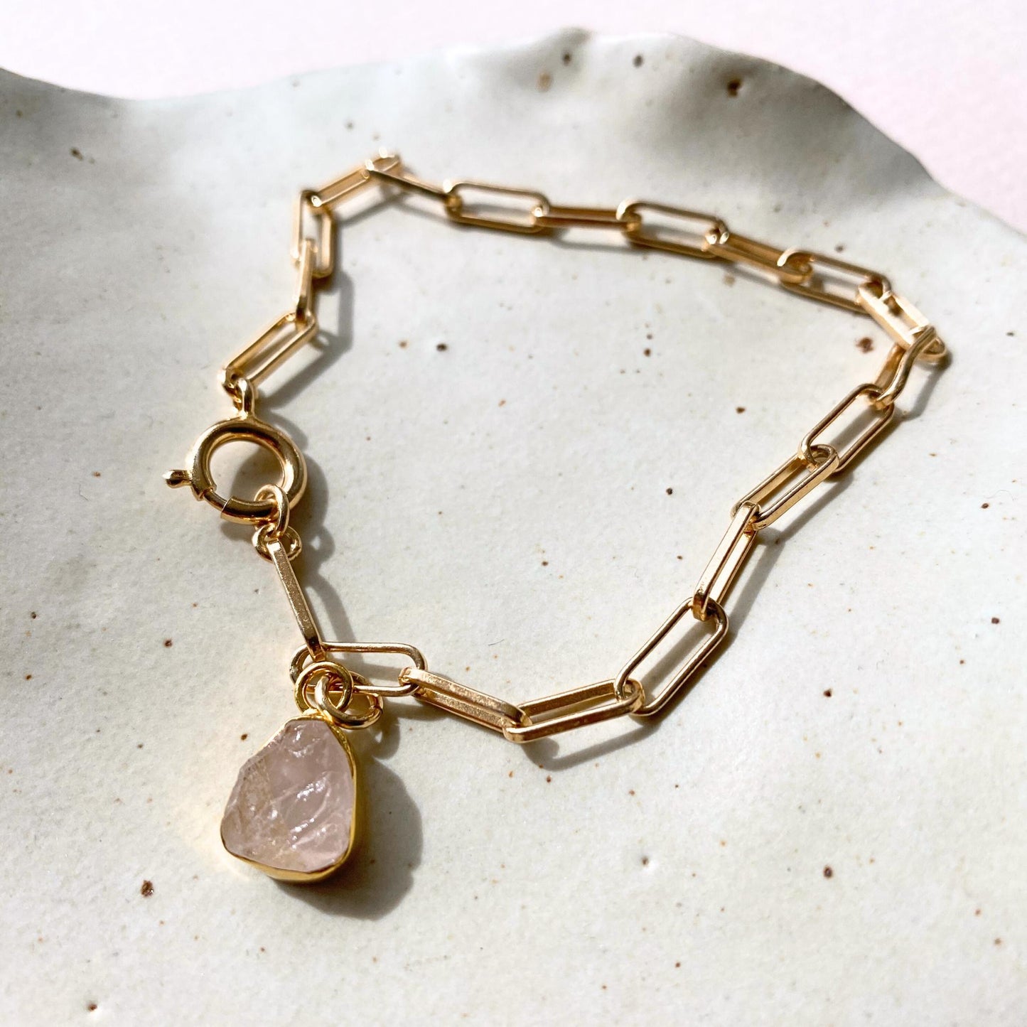 Rose Quartz Carved Chunky Chain Bracelet | Love (Gold Plated)