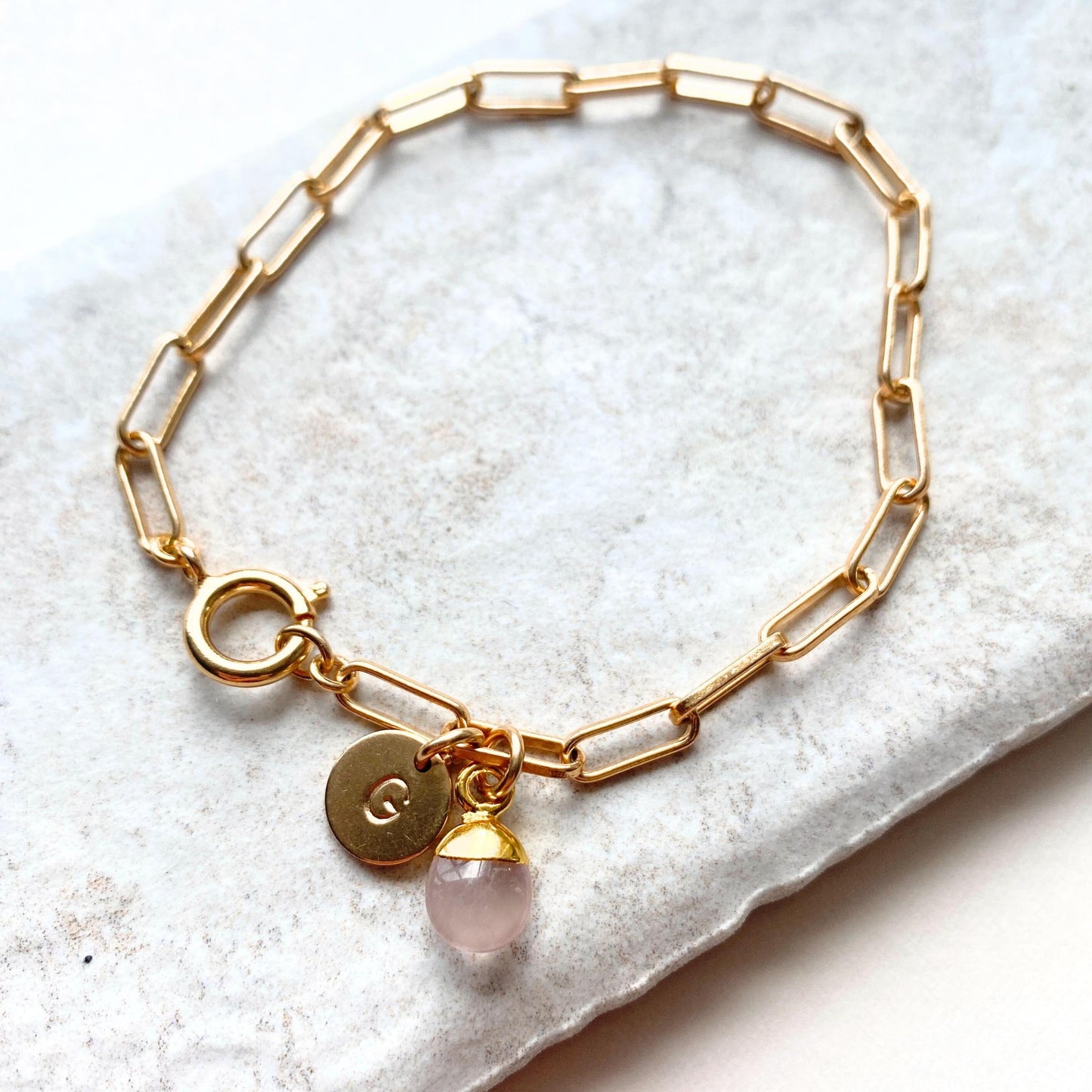 Rose Quartz Tiny Tumbled Chunky Chain Bracelet | Love (Gold Plated)
