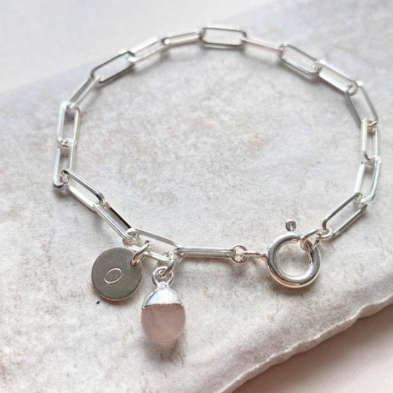 Rose Quartz Tiny Tumbled Chunky Chain Bracelet | Love (Silver)