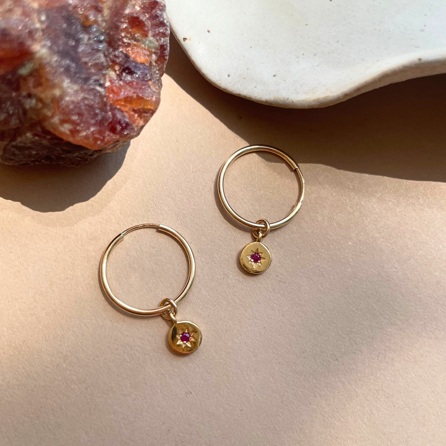 Ruby Guiding Star Birthstone Hoop Earrings | July (Gold Fill)