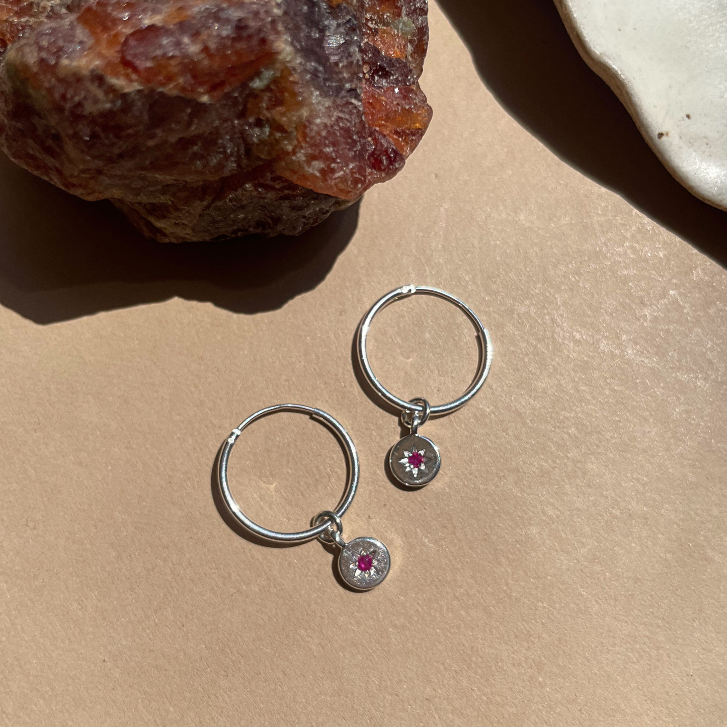 Ruby Guiding Star Birthstone Hoop Earrings | July (Sterling Silver)
