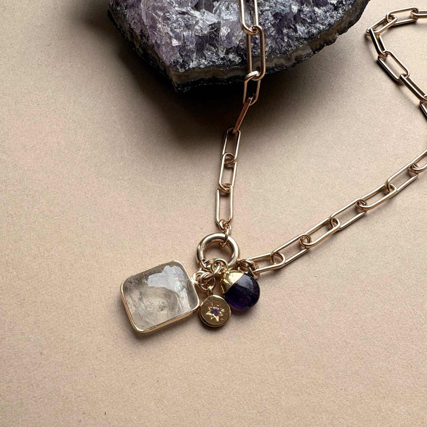 Special Edition Amethyst Triple Chunky Chain Necklace | Calming (Gold)