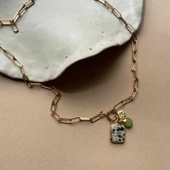 Special Edition Peridot & Dalmatian Gem Slice Triple Chunky Chain Necklace | Wellbeing (Gold Plated)