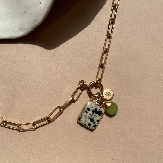 Special Edition Peridot & Dalmatian Gem Slice Triple Chunky Chain Necklace | Wellbeing (Gold Plated)