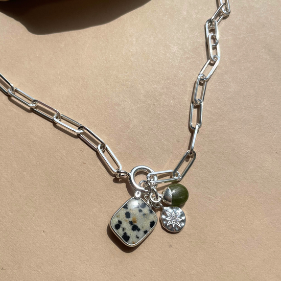 Special Edition Peridot & Dalmatian Gem Slice Triple Chunky Chain Necklace | Wellbeing (Silver)