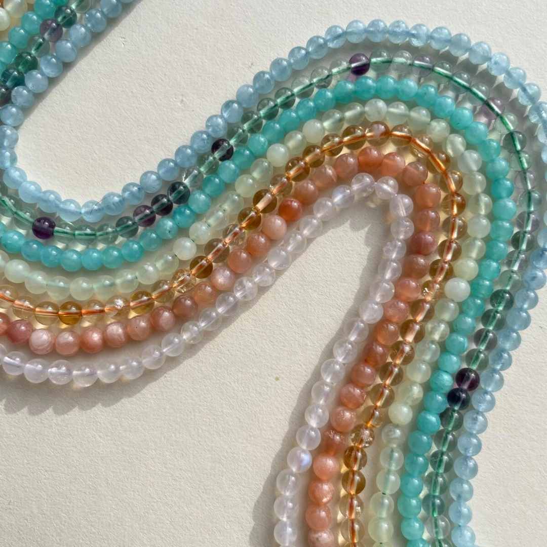 Aquamarine Beaded Strand Necklace | Serenity (Gold)