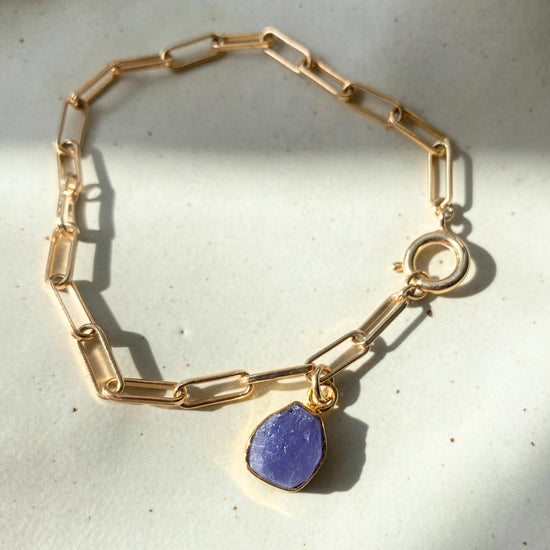 Tanzanite Carved Chunky Chain Bracelet | Positivity (Gold Plated)