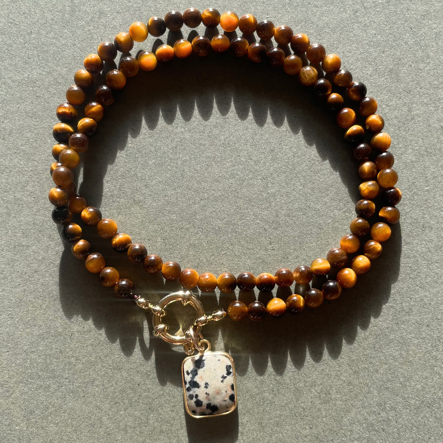 Tiger Eye Strand Necklace with Dalmatian Gem Slice (Gold)