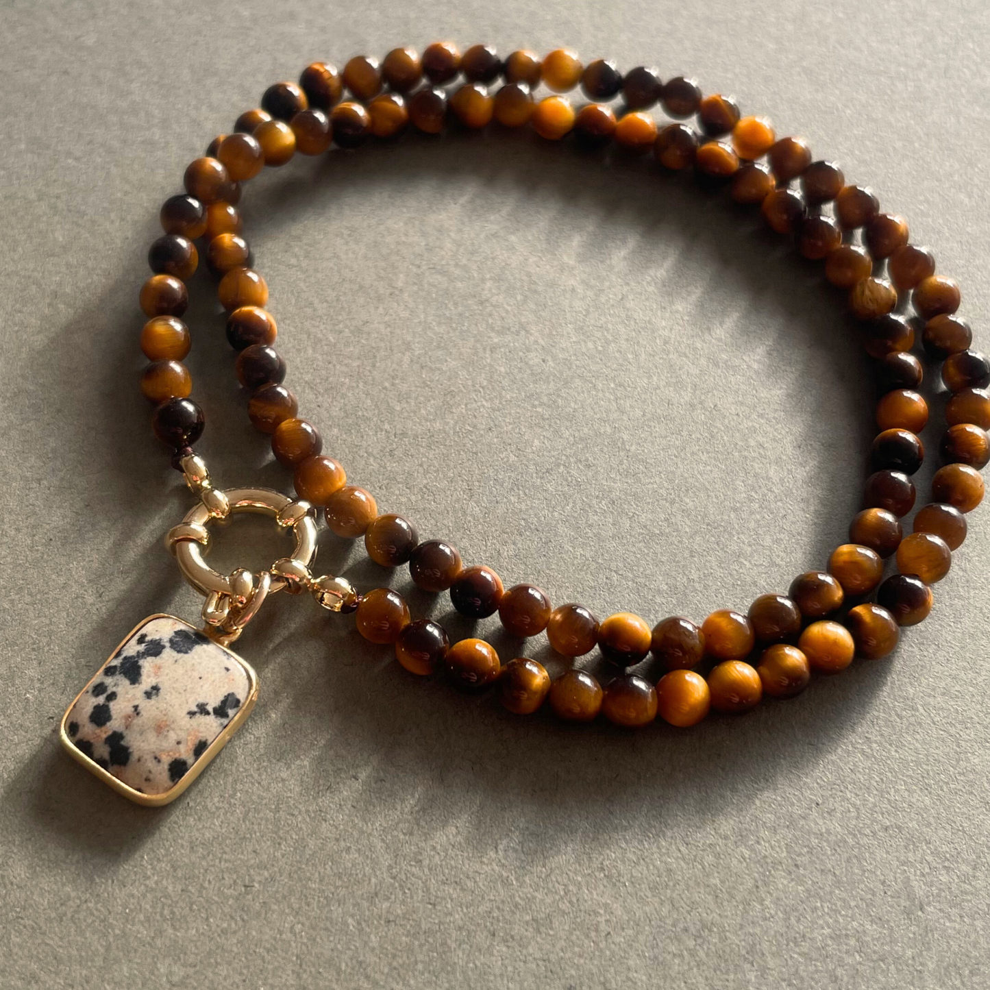 Tiger Eye Strand Necklace with Dalmatian Gem Slice (Gold)