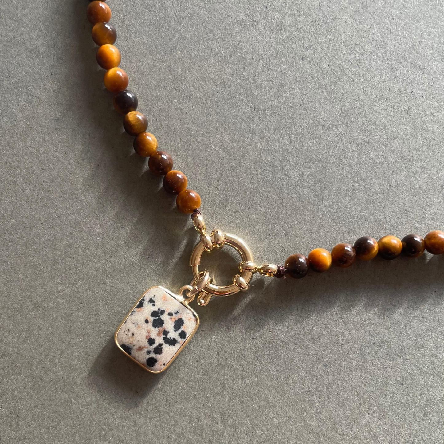 Tiger Eye Strand Necklace with Dalmatian Gem Slice (Gold)