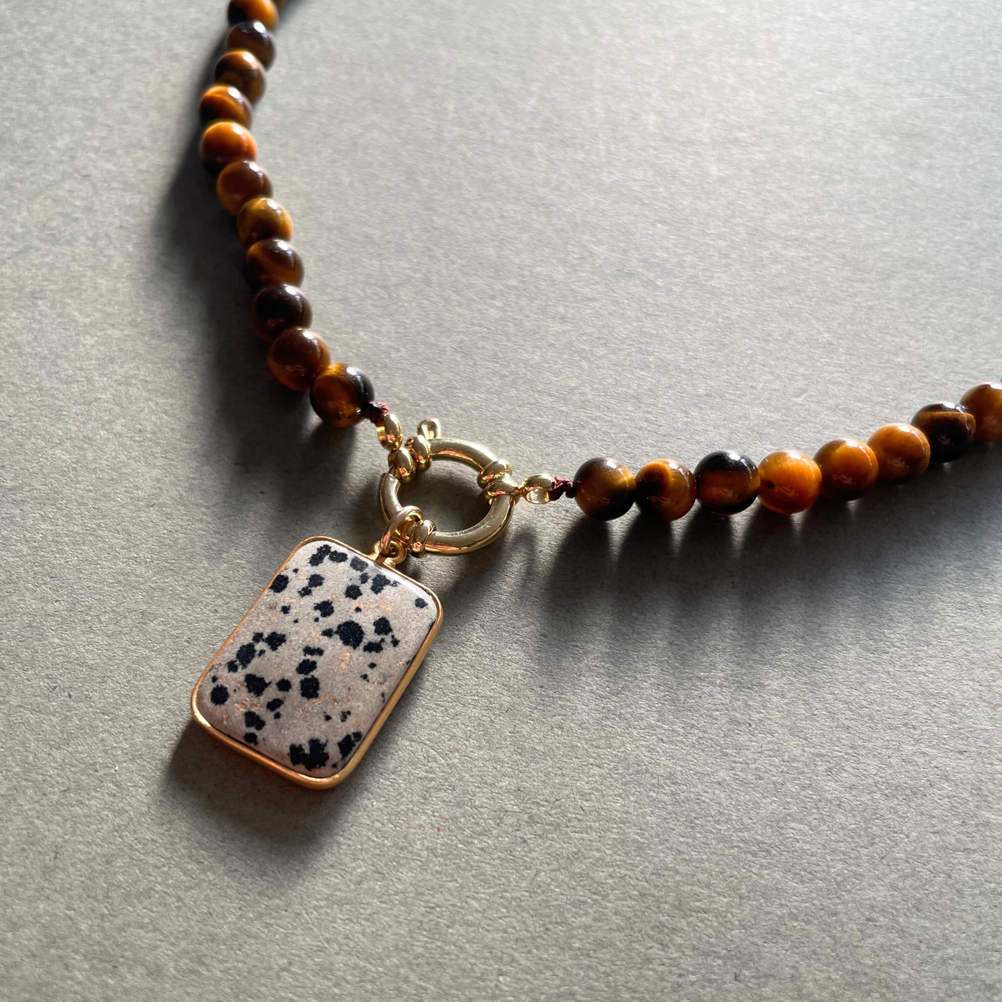 Tiger Eye Strand Necklace with Large Dalmatian Gem Slice (Gold)