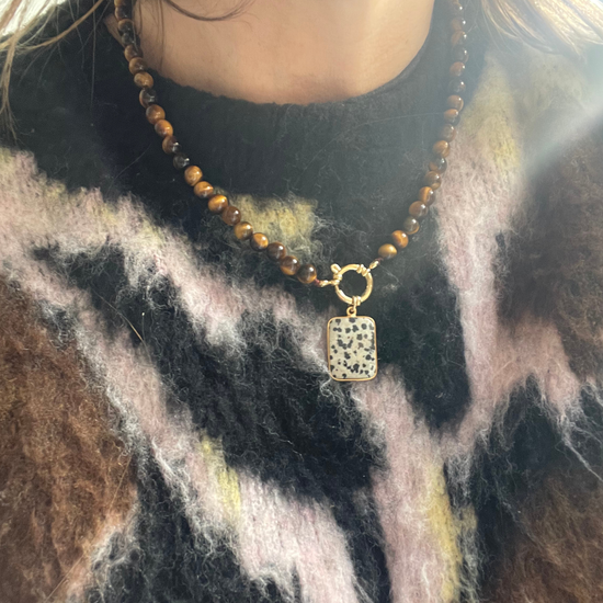 Tiger Eye Strand Necklace with Large Dalmatian Gem Slice (Gold)