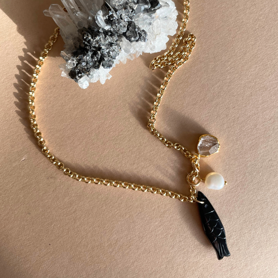 Good Fortune Fish Triple Necklace | Black Onyx