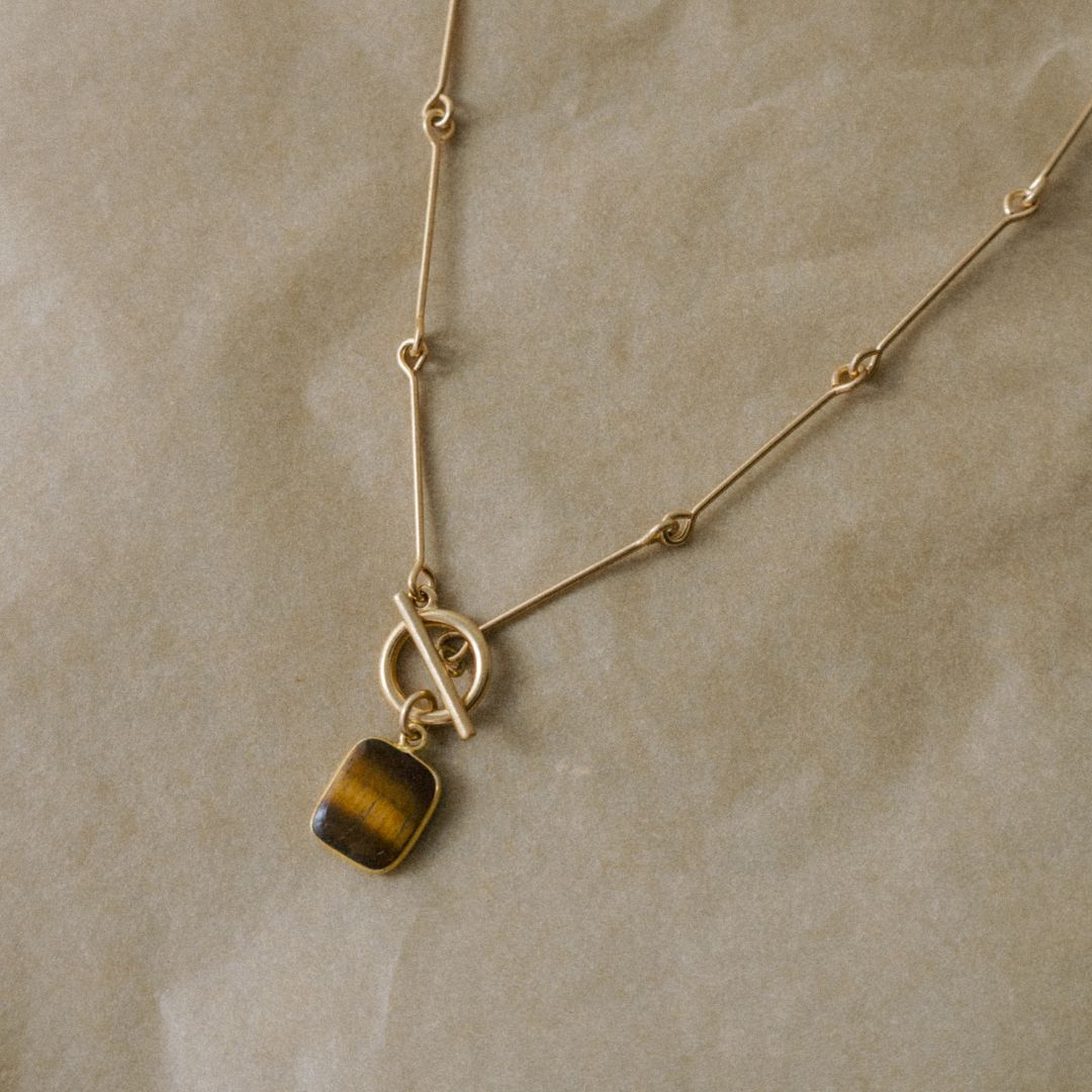 Tiger Eye Gem Slice Bone Chain Necklace | Courage (Gold)