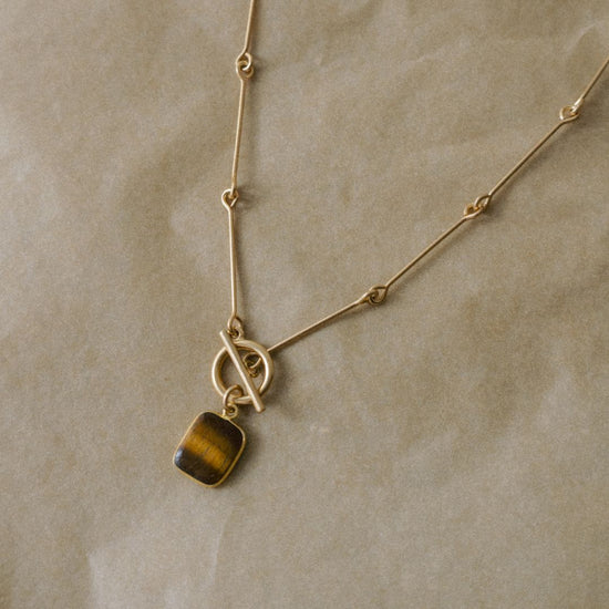Tiger Eye Gem Slice Bone Chain Necklace | Courage (Gold)